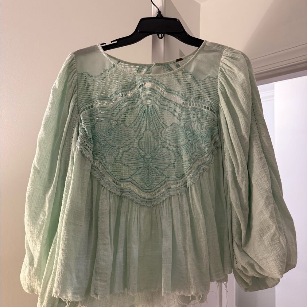 Free People Mint Green Embroidered Peasant Blouse